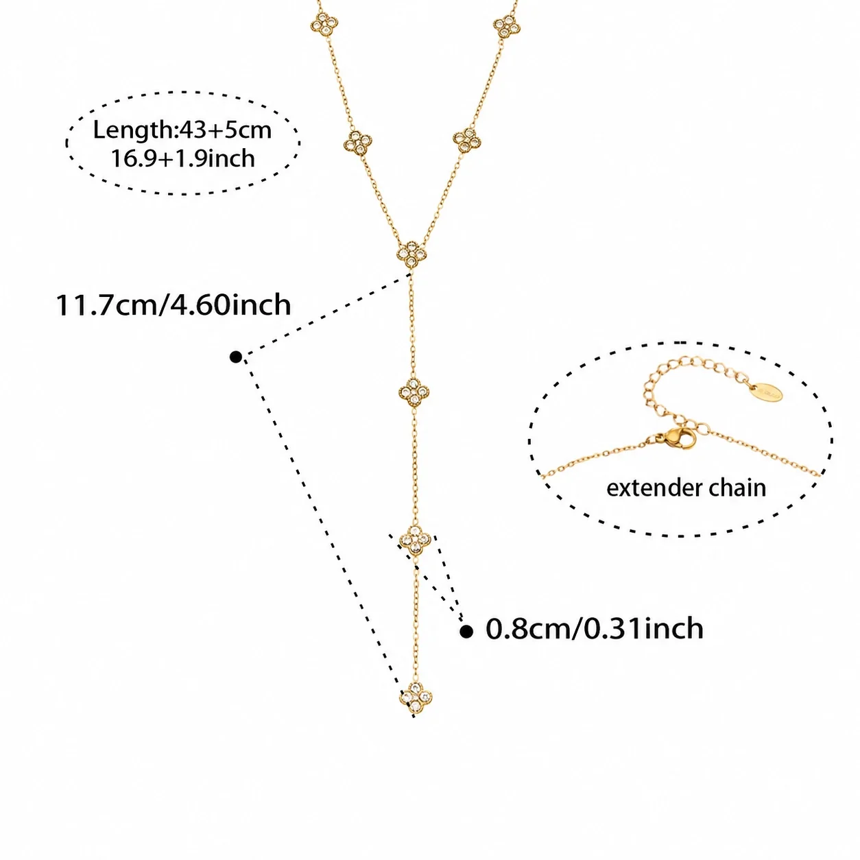 Photo produit : Collier Y tombant fleurs et cristaux, acier inoxydable plaqué or 18K