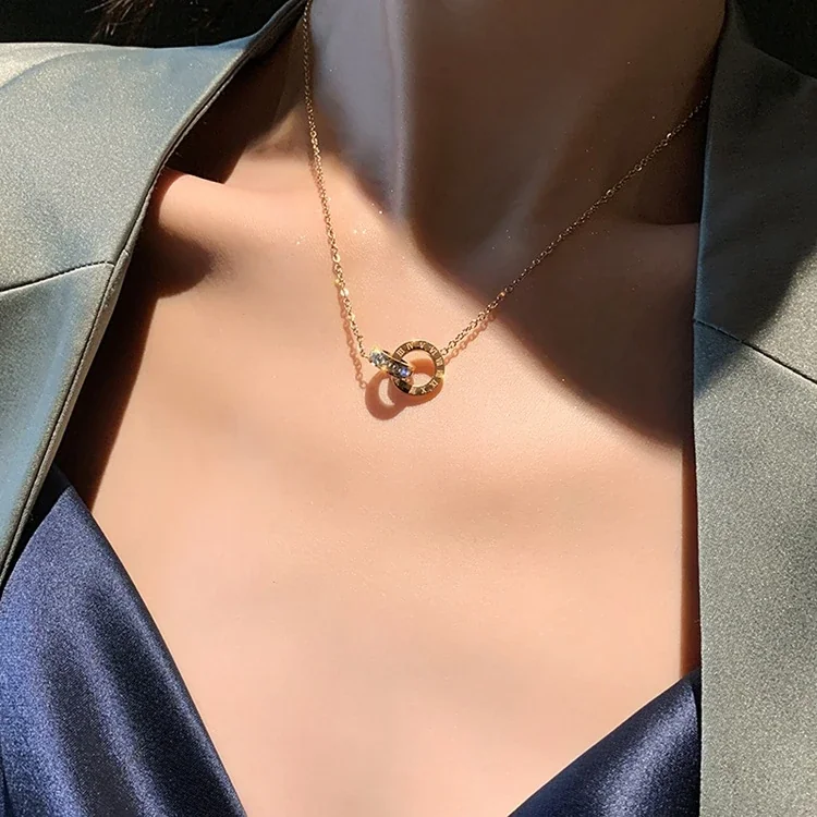 Interlocking Ring Crystal Box Chain Stainless Steel Necklace