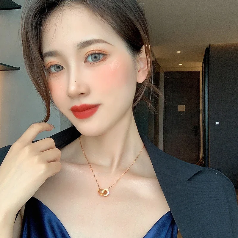 Interlocking Ring Crystal Box Chain Stainless Steel Necklace
