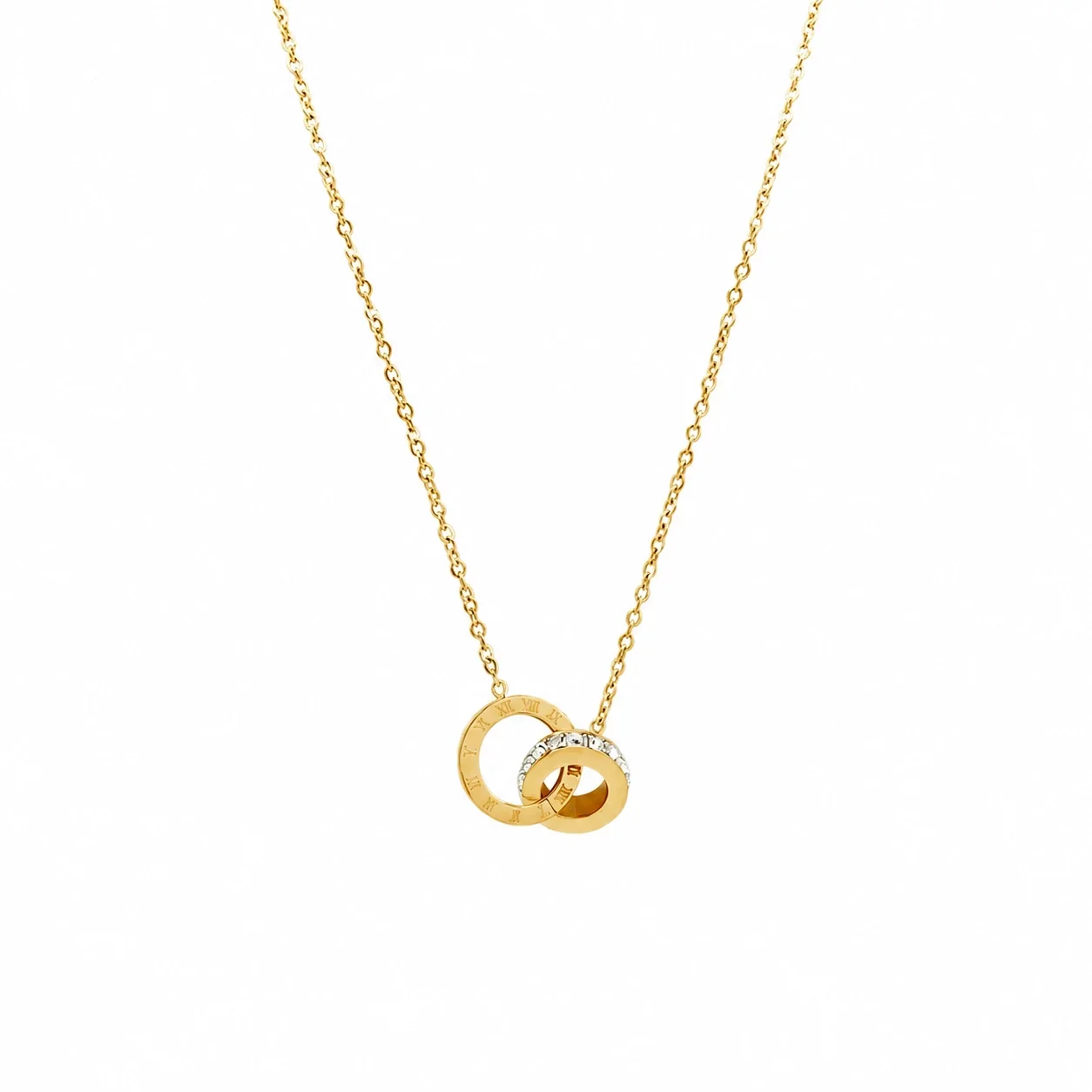 Interlocking Ring Crystal Box Chain Stainless Steel Necklace - Gold