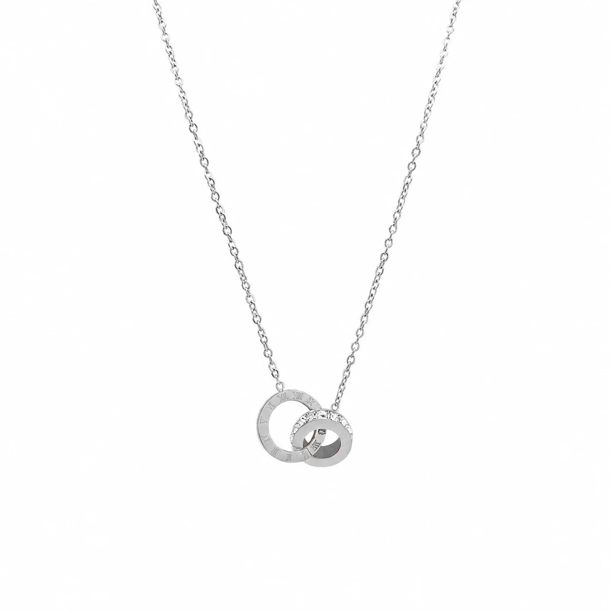 Interlocking Ring Crystal Box Chain Stainless Steel Necklace - Silver
