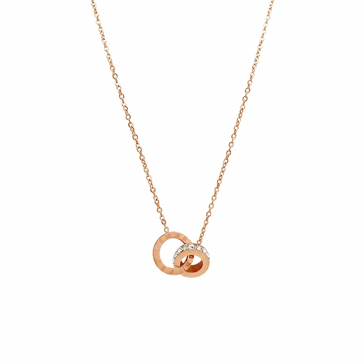 Interlocking Ring Crystal Box Chain Stainless Steel Necklace - Rose Gold