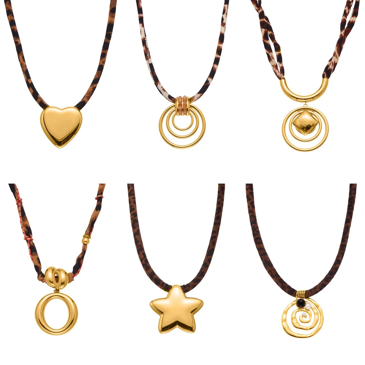 Pendant Necklace Leopard Cord & Geometric Gold-Plated Steel