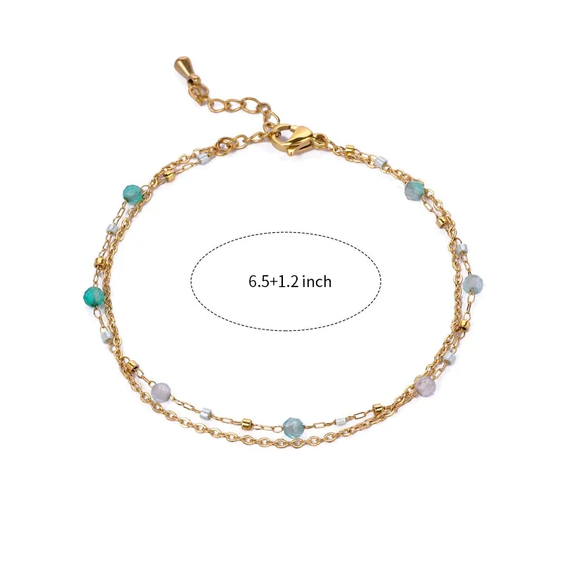 Layered 18K Gold-Plated Bead Double Chain Bracelet - Gold Green Fluorite