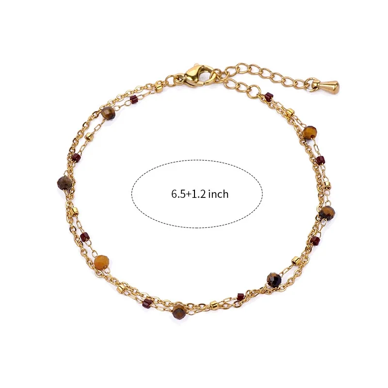 Layered 18K Gold-Plated Bead Double Chain Bracelet - Gold Tiger Eye