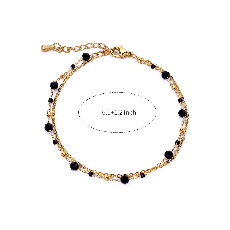 Layered 18K Gold-Plated Bead Double Chain Bracelet - Gold Black Agate