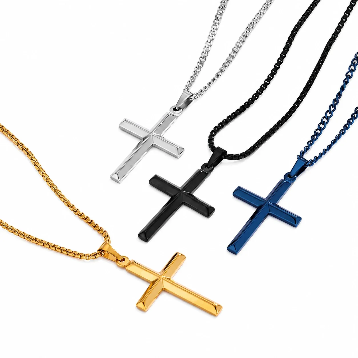 Polished 316 Stainless Steel Faceted Cross Pendant Necklace