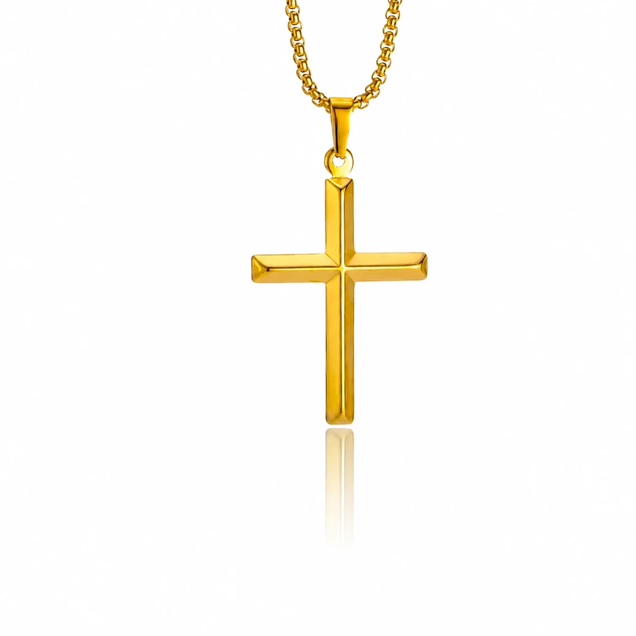 Polished 316 Stainless Steel Faceted Cross Pendant Necklace - Gold Cross