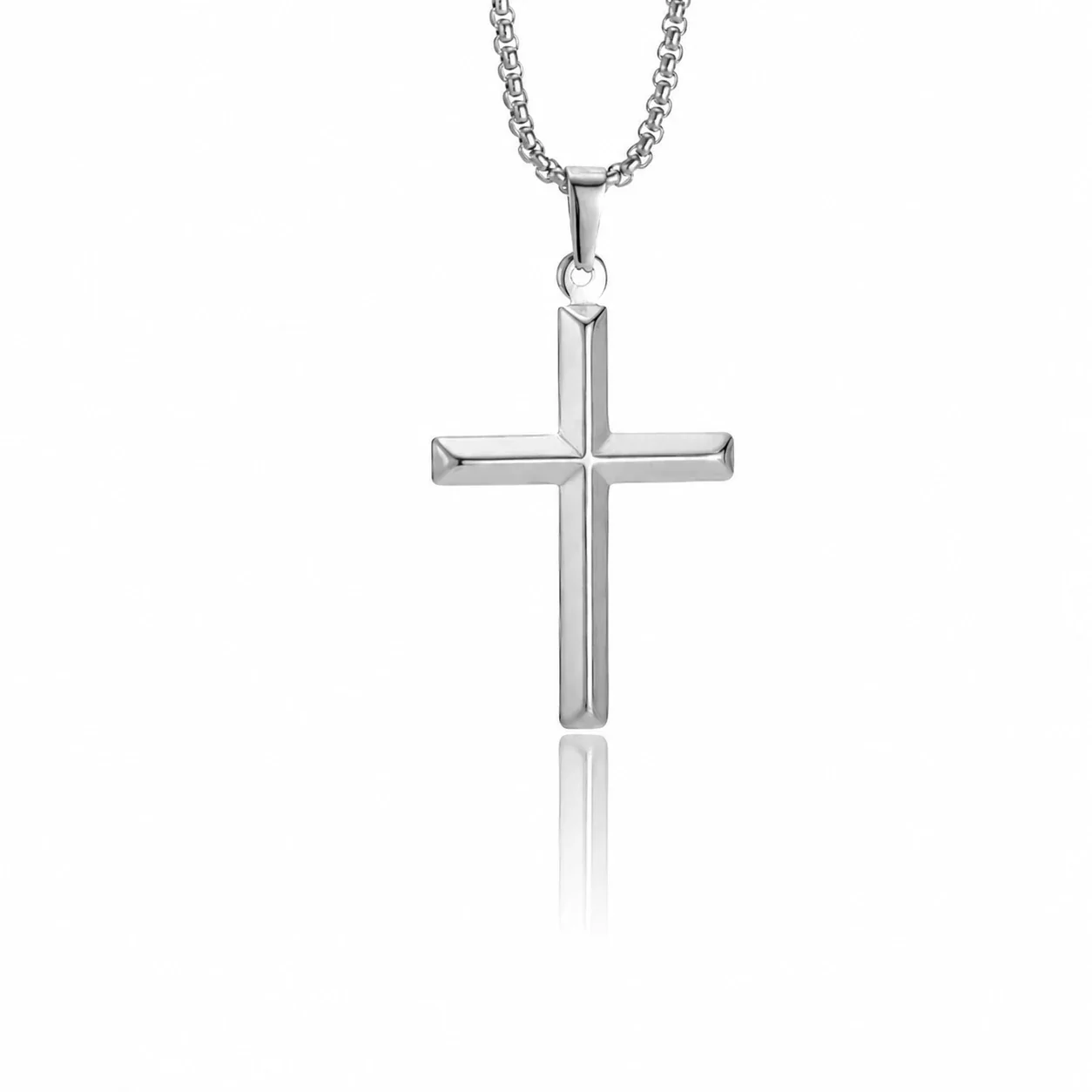 Polished 316 Stainless Steel Faceted Cross Pendant Necklace - Silver Cross
