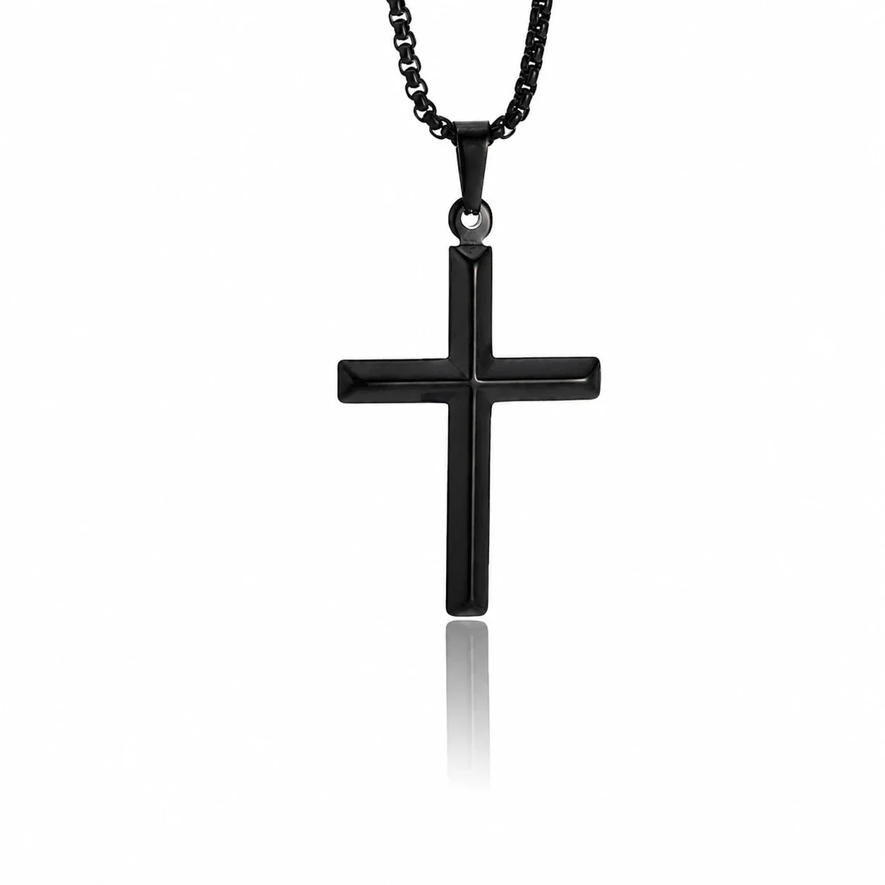 Polished 316 Stainless Steel Faceted Cross Pendant Necklace - Black Cross