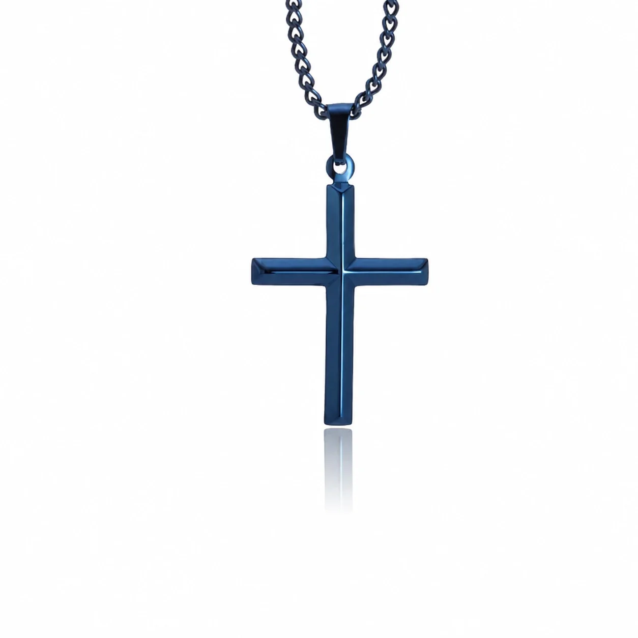 Polished 316 Stainless Steel Faceted Cross Pendant Necklace - Blue Cross