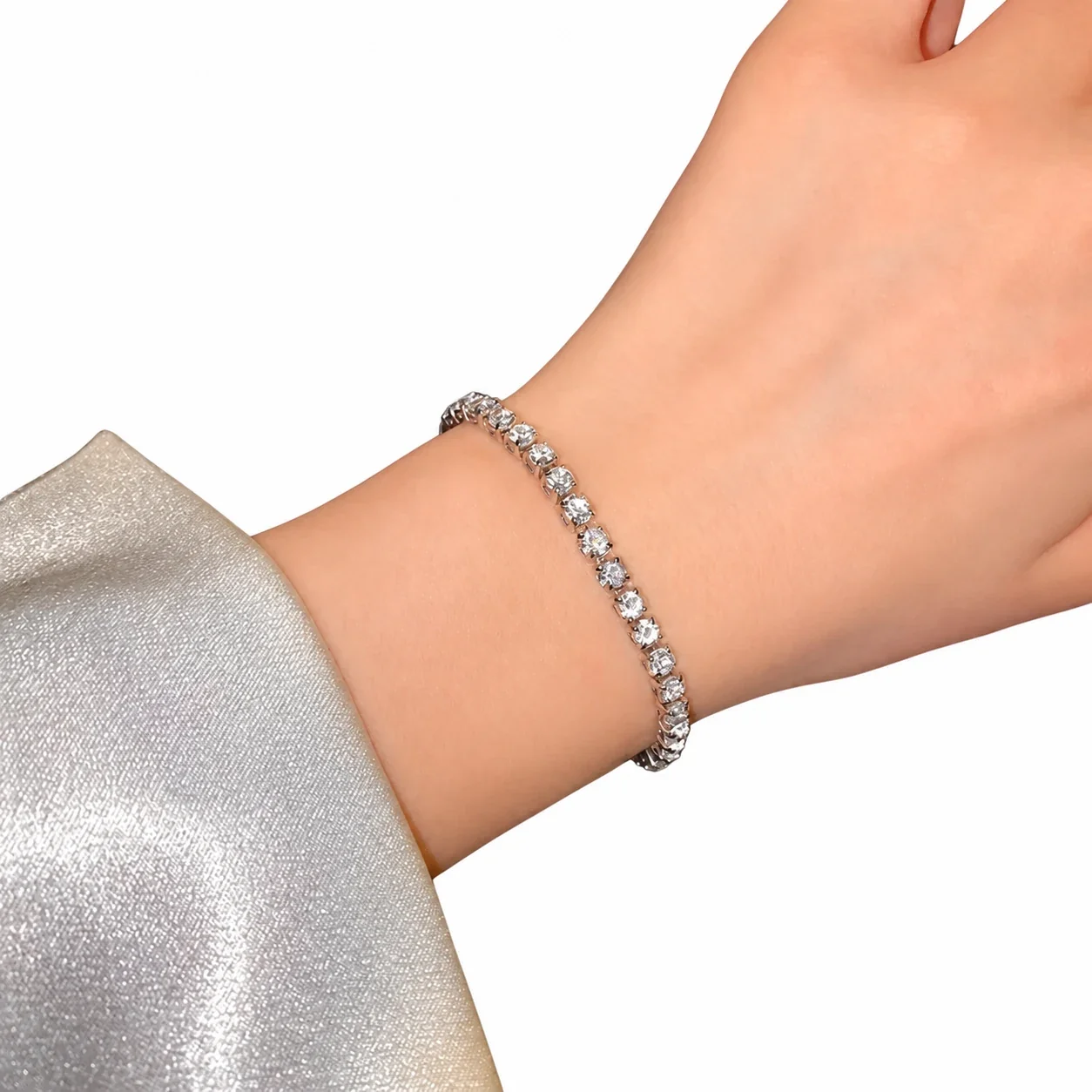 Tennis Bracelet with Round Cubic Zirconia, Stainless Steel