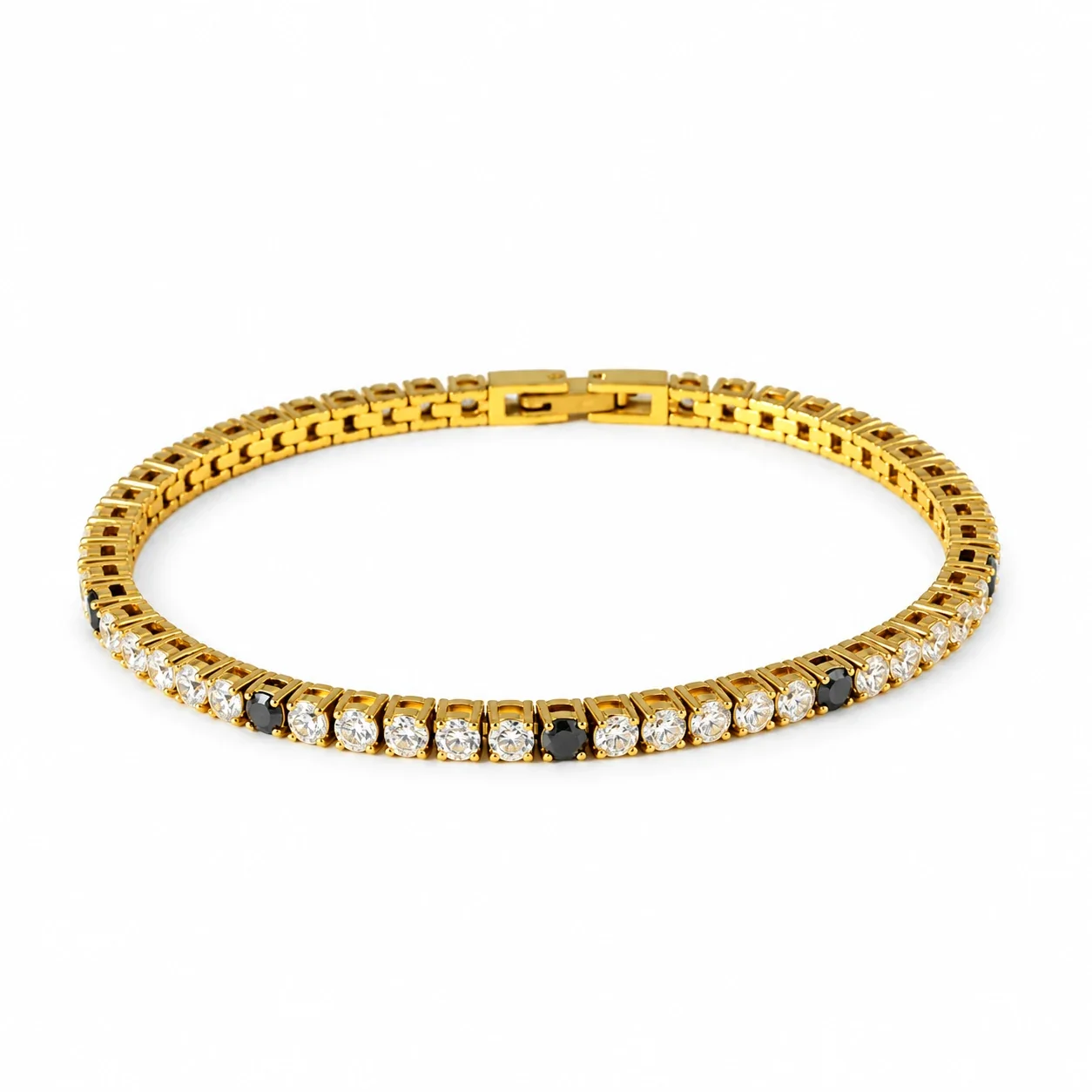 Tennis Bracelet with Round Cubic Zirconia, Stainless Steel - Gold White and Black Cubic Zirconia, 3 mm x 18 cm