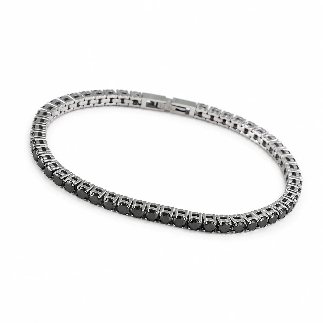 Tennis Bracelet with Round Cubic Zirconia, Stainless Steel - Silver Black Cubic Zirconia, 3 mm x 18 cm