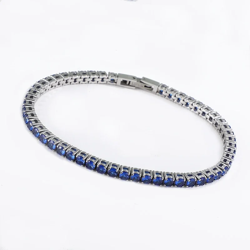 Tennis Bracelet with Round Cubic Zirconia, Stainless Steel - Silver Blue Cubic Zirconia, 3 mm x 18 cm