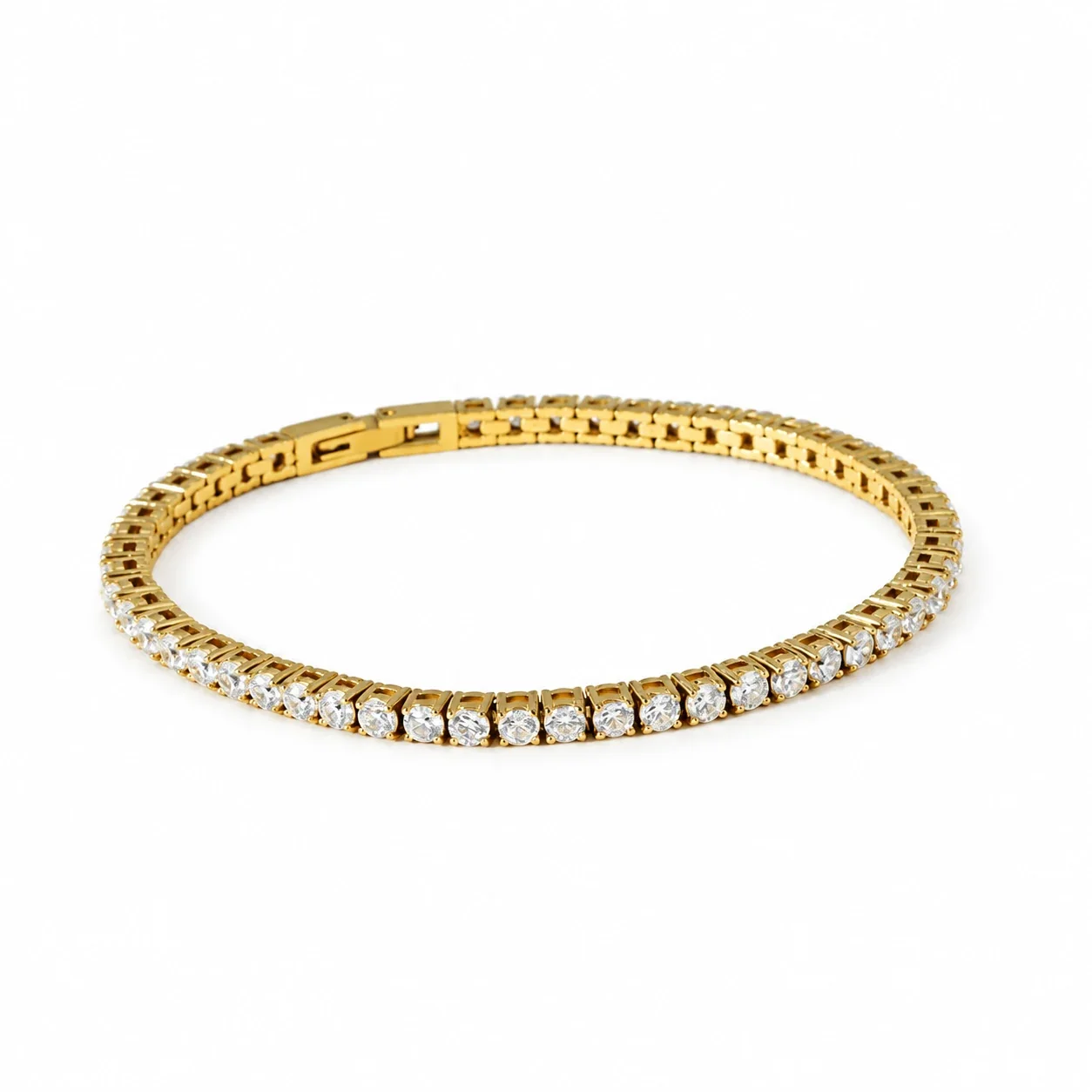 Tennis Bracelet with Round Cubic Zirconia, Stainless Steel - Gold White Cubic Zirconia, 3 mm x 18 cm