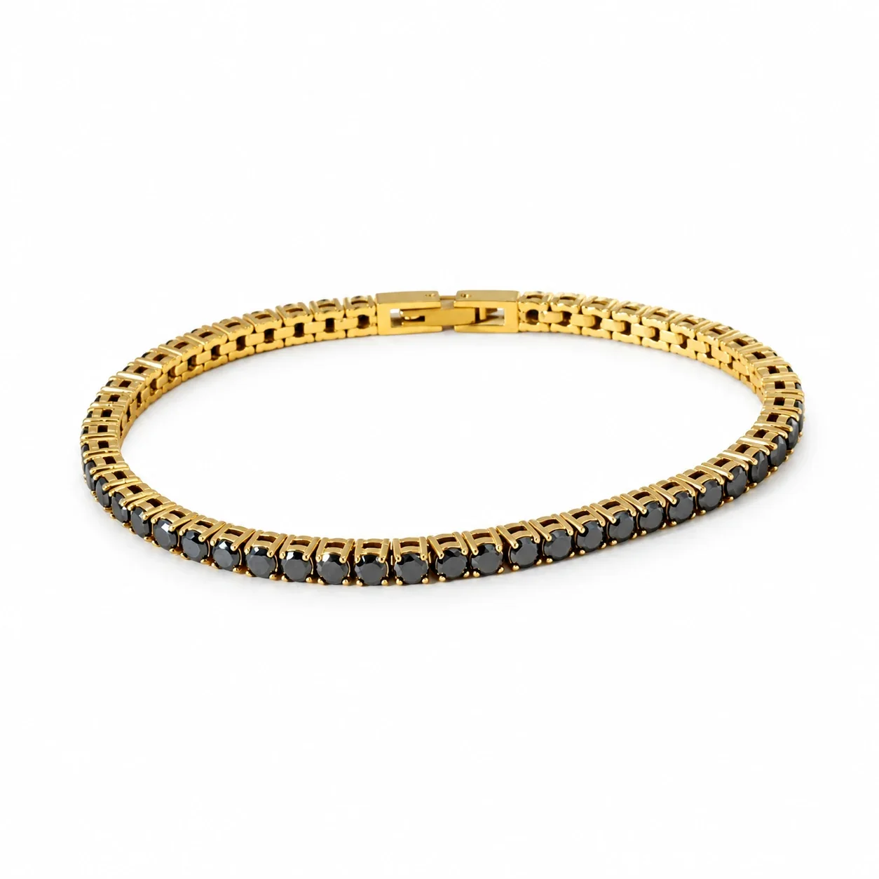 Tennis Bracelet with Round Cubic Zirconia, Stainless Steel - Gold Black Cubic Zirconia, 3 mm x 18 cm