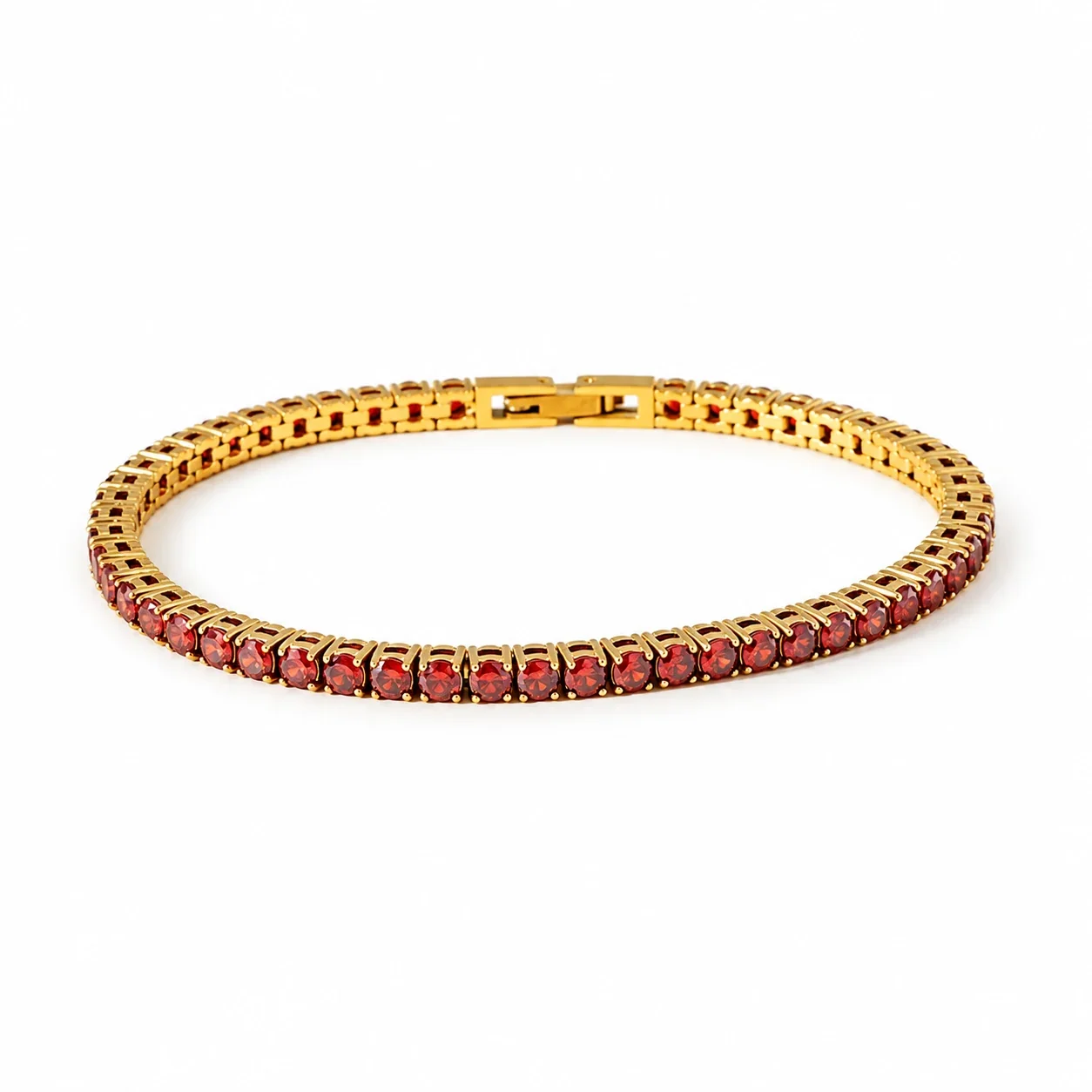Tennis Bracelet with Round Cubic Zirconia, Stainless Steel - Gold Red Cubic Zirconia, 3 mm x 18 cm