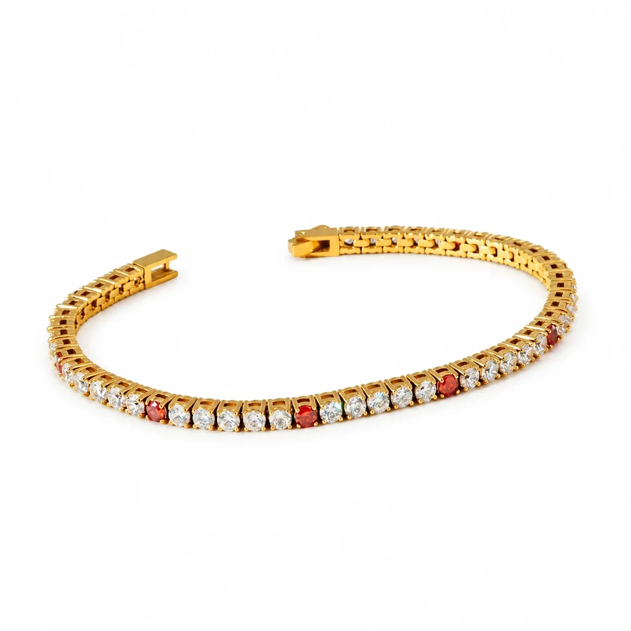 Tennis Bracelet with Round Cubic Zirconia, Stainless Steel - Gold White and Red Cubic Zirconia, 3 mm x 18 cm