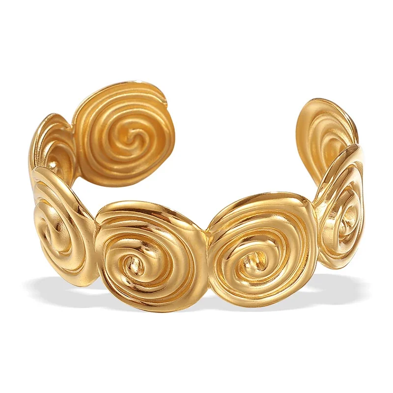 Cuff Bracelet with Spiral Disc Links, Gold-Plated Stainless Steel