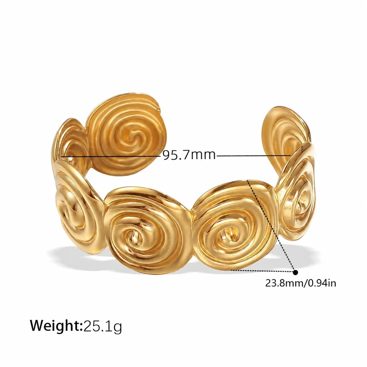 Foto del producto: Brazalete abierto con discos de espiral enlazados, acero inoxidable chapado en oro