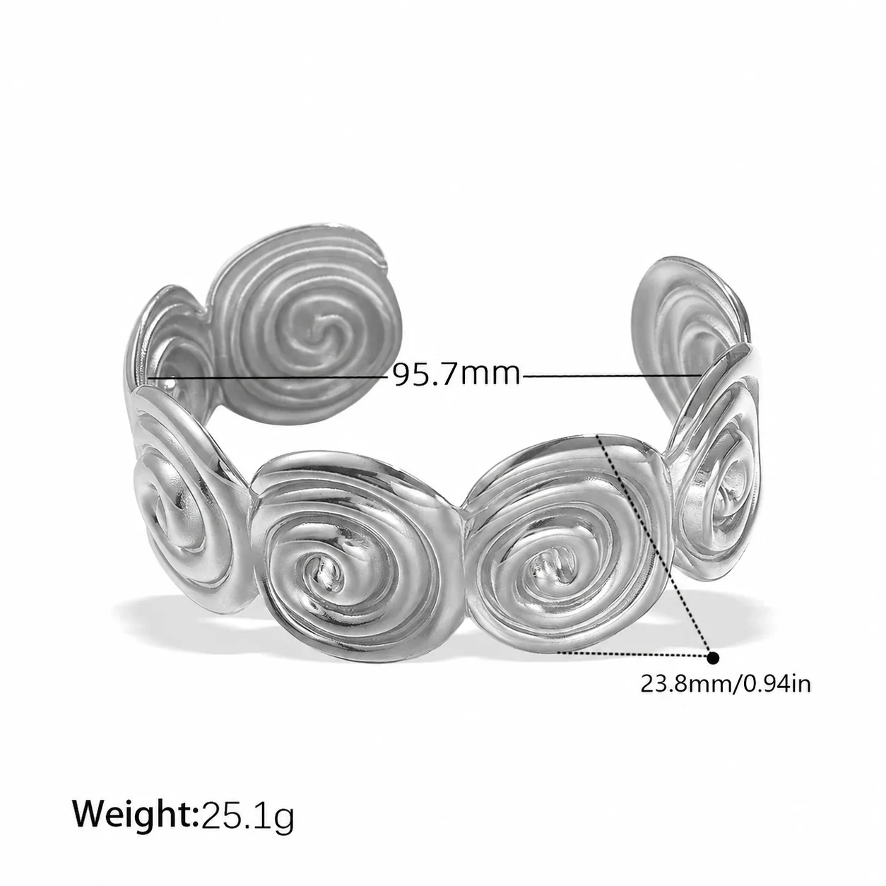 Foto del producto: Brazalete abierto con discos de espiral enlazados, acero inoxidable chapado en oro