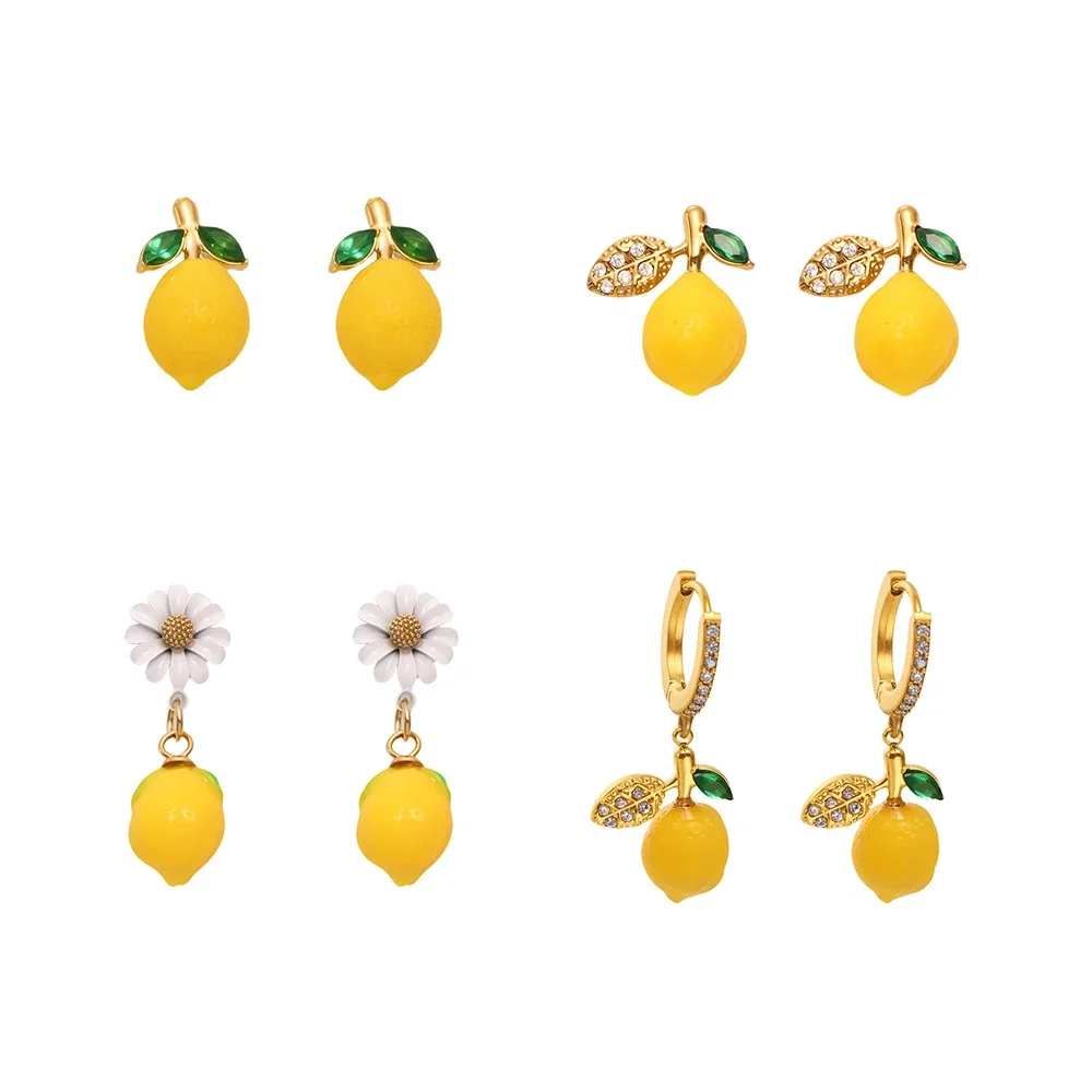 Playful Gold-Plated Lemon Daisy Crystal Drop Earrings