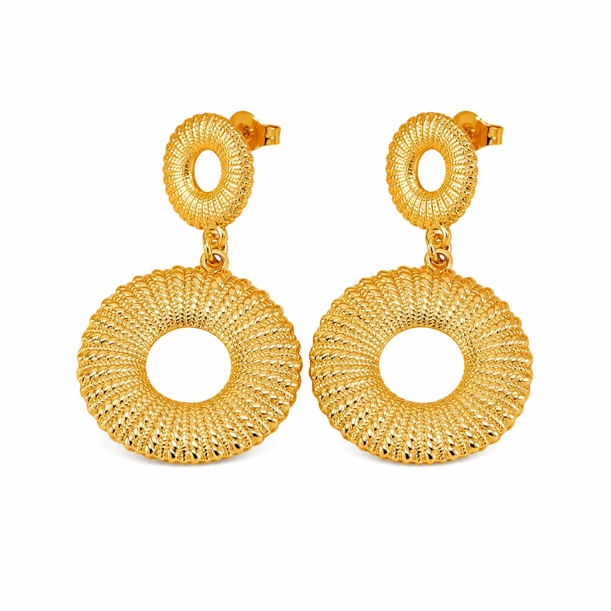 Radiant 18K Gold-Plated Ribbed Double Disc Drop Earrings