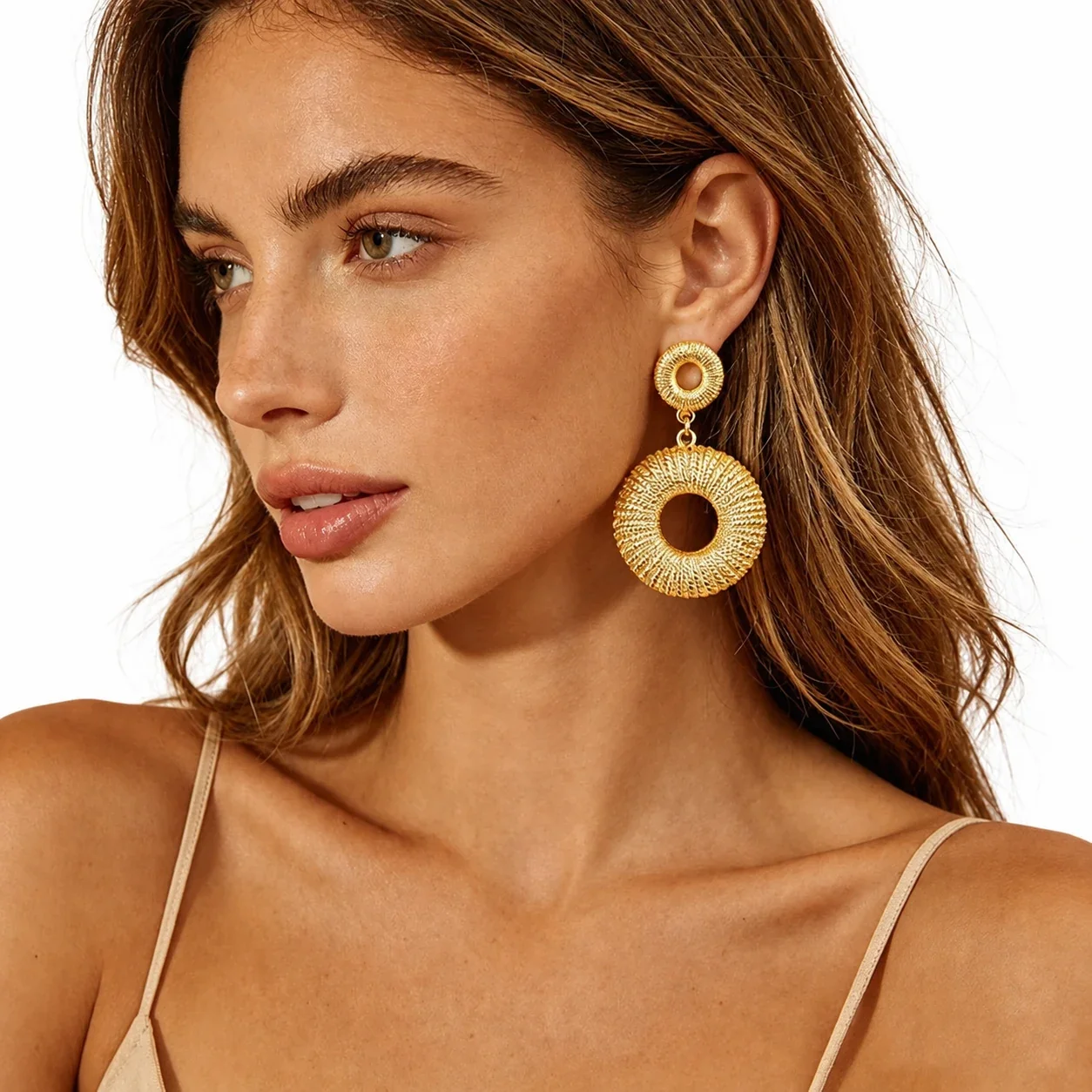 Radiant 18K Gold-Plated Ribbed Double Disc Drop Earrings