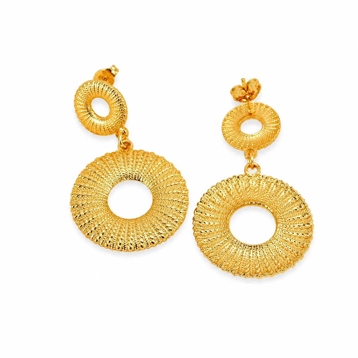 Radiant 18K Gold-Plated Ribbed Double Disc Drop Earrings