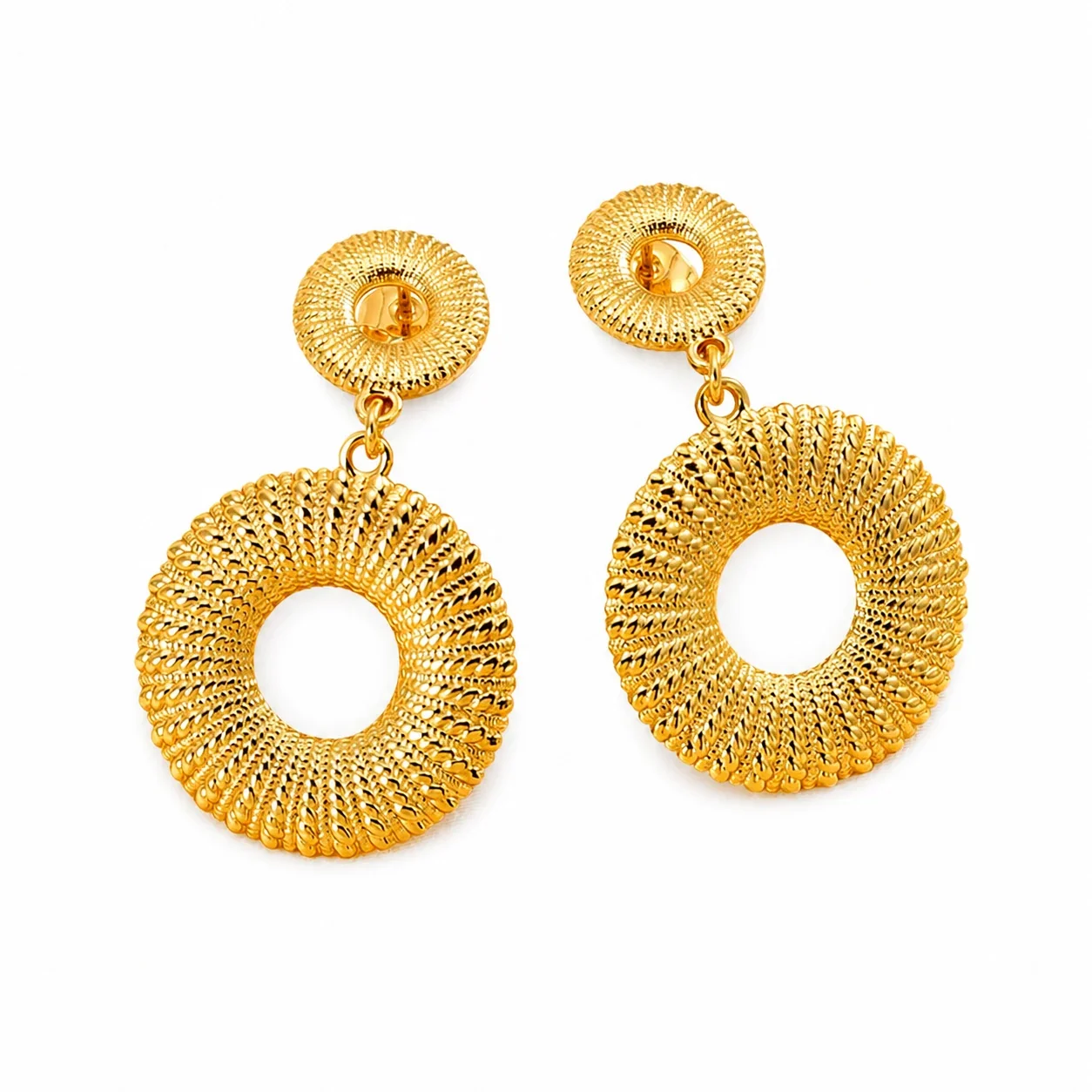 Radiant 18K Gold-Plated Ribbed Double Disc Drop Earrings