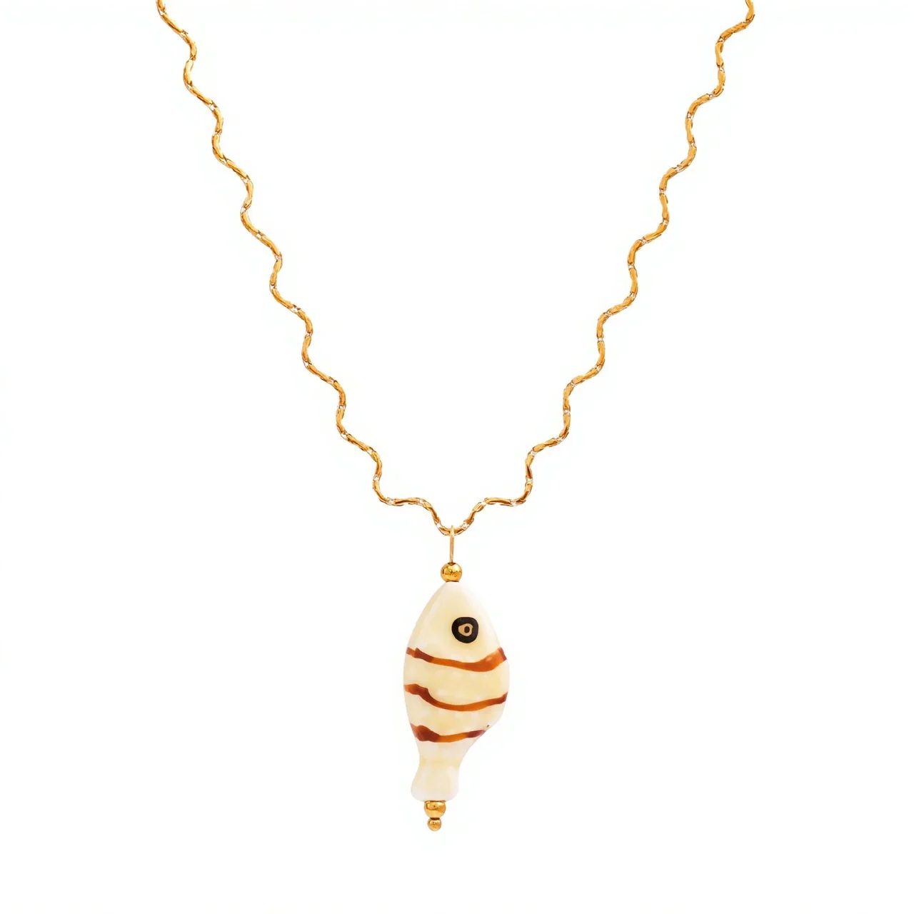 Ceramic Fish Pendant Necklace, Wavy Chain, 18K Gold PVD Steel