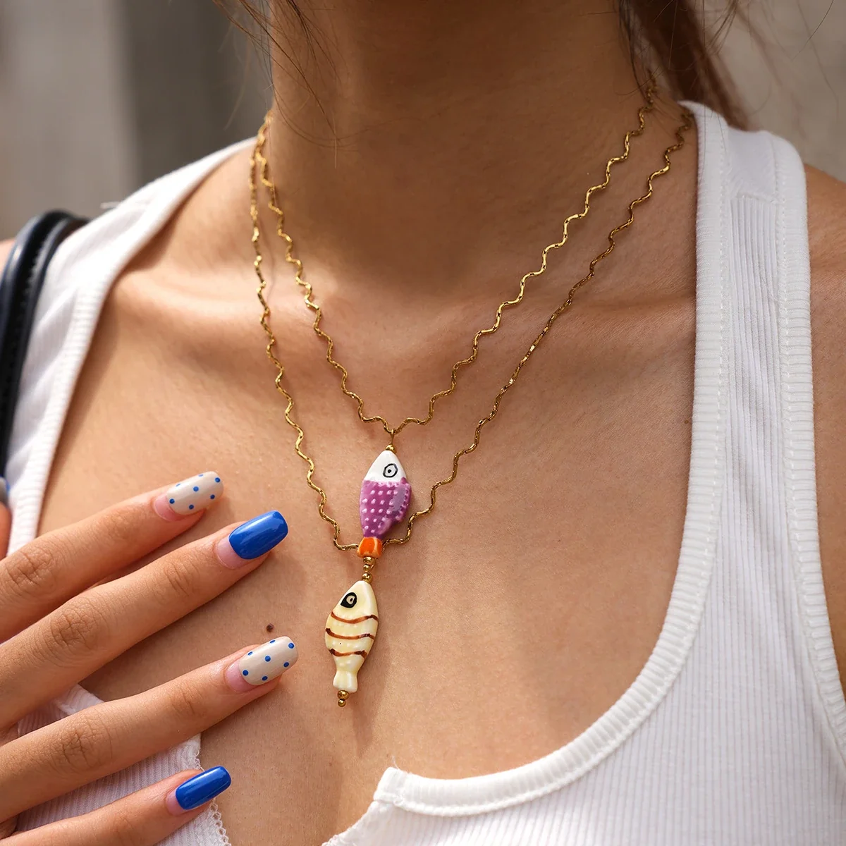 Ceramic Fish Pendant Necklace, Wavy Chain, 18K Gold PVD Steel