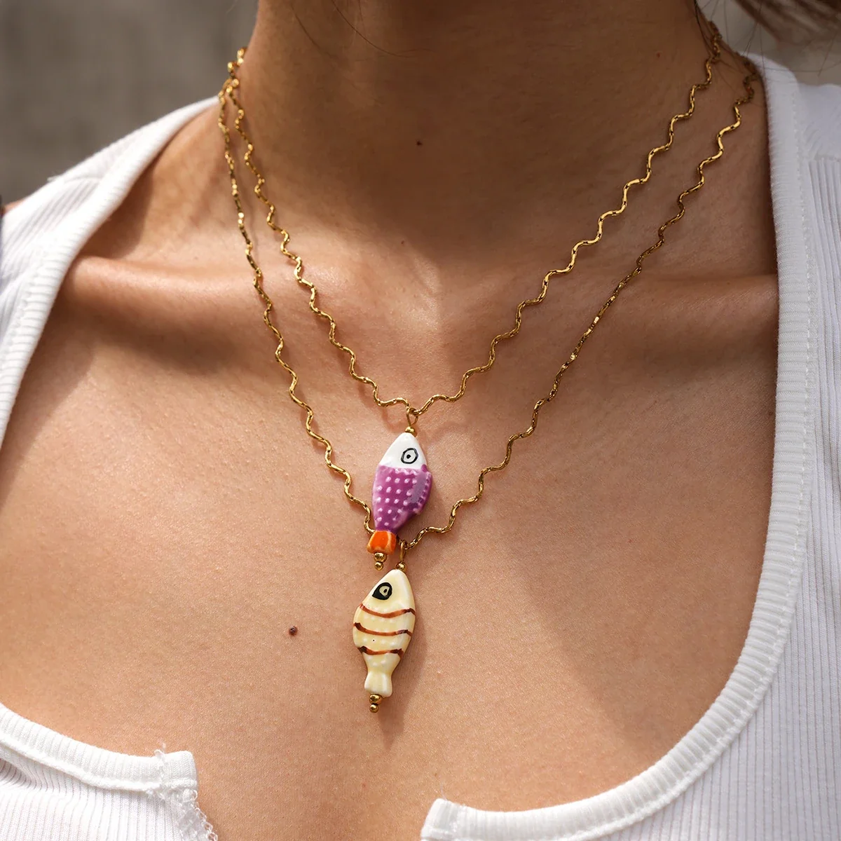 Ceramic Fish Pendant Necklace, Wavy Chain, 18K Gold PVD Steel