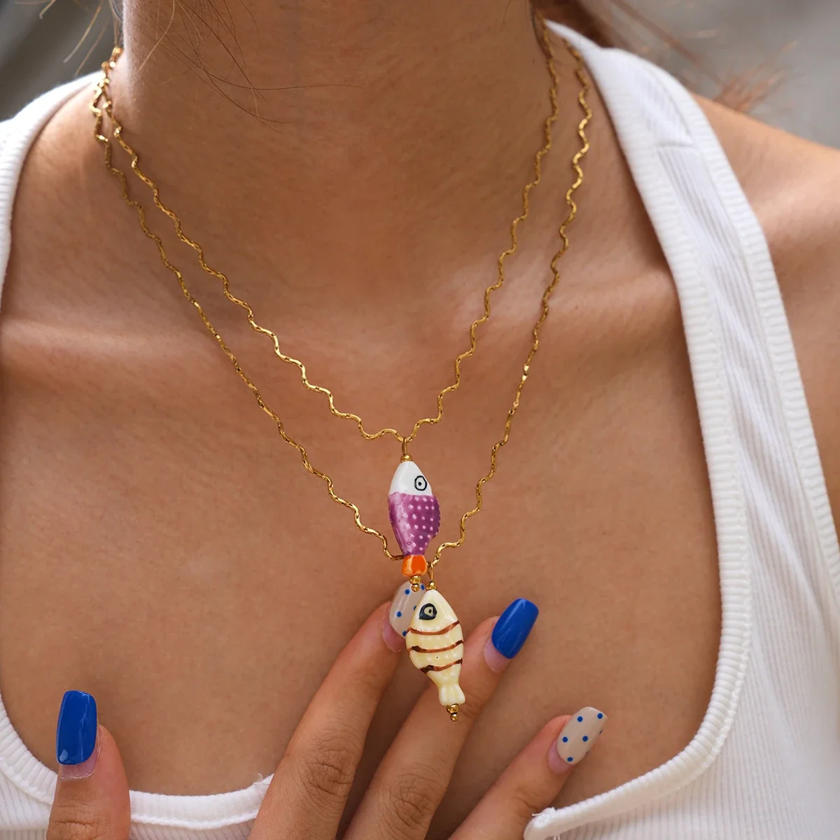 Ceramic Fish Pendant Necklace, Wavy Chain, 18K Gold PVD Steel