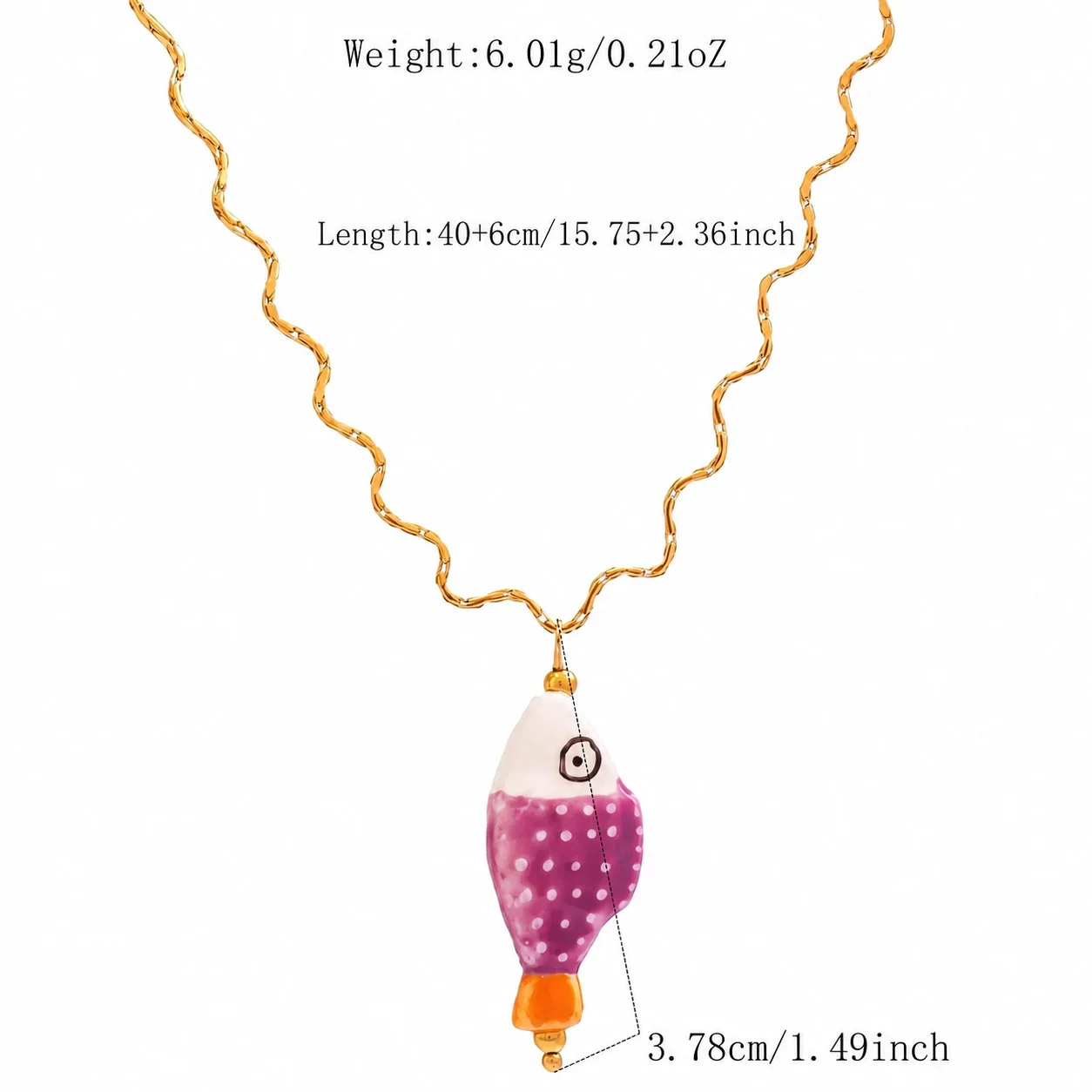 Ceramic Fish Pendant Necklace, Wavy Chain, 18K Gold PVD Steel