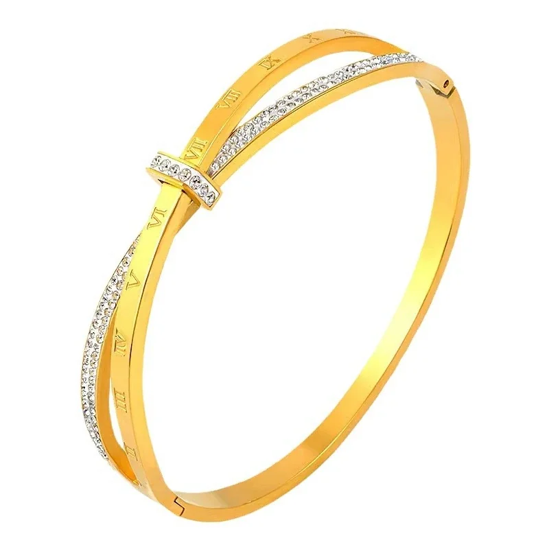 Roman Numeral Crystal Crossover Bangle in Stainless Steel