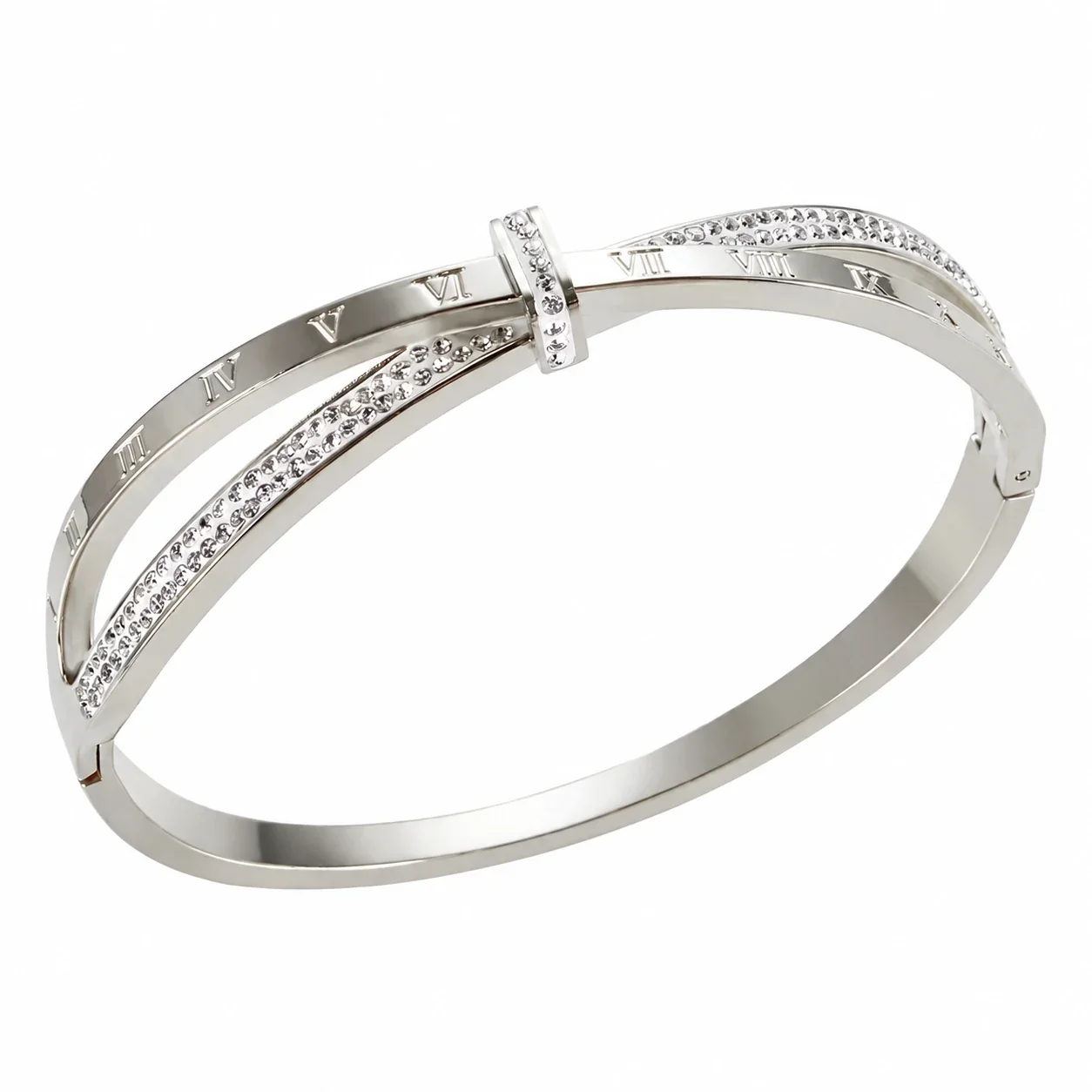Foto del producto: Brazalete Cruzado de Cristales con Números Romanos en Acero Inoxidable