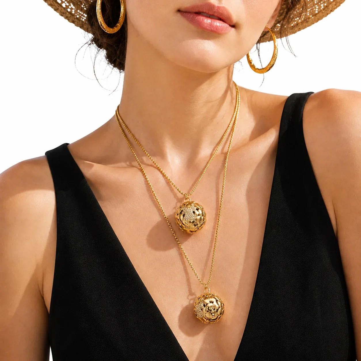 Openwork Floral 18K Gold-Plated 316 CZ Orb Pendant Necklace