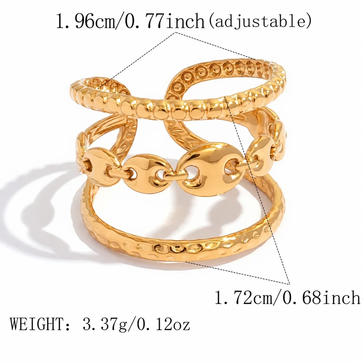 Open ring met drie banden en schakels van roestvrij staal met goudkleurige PVD productfoto