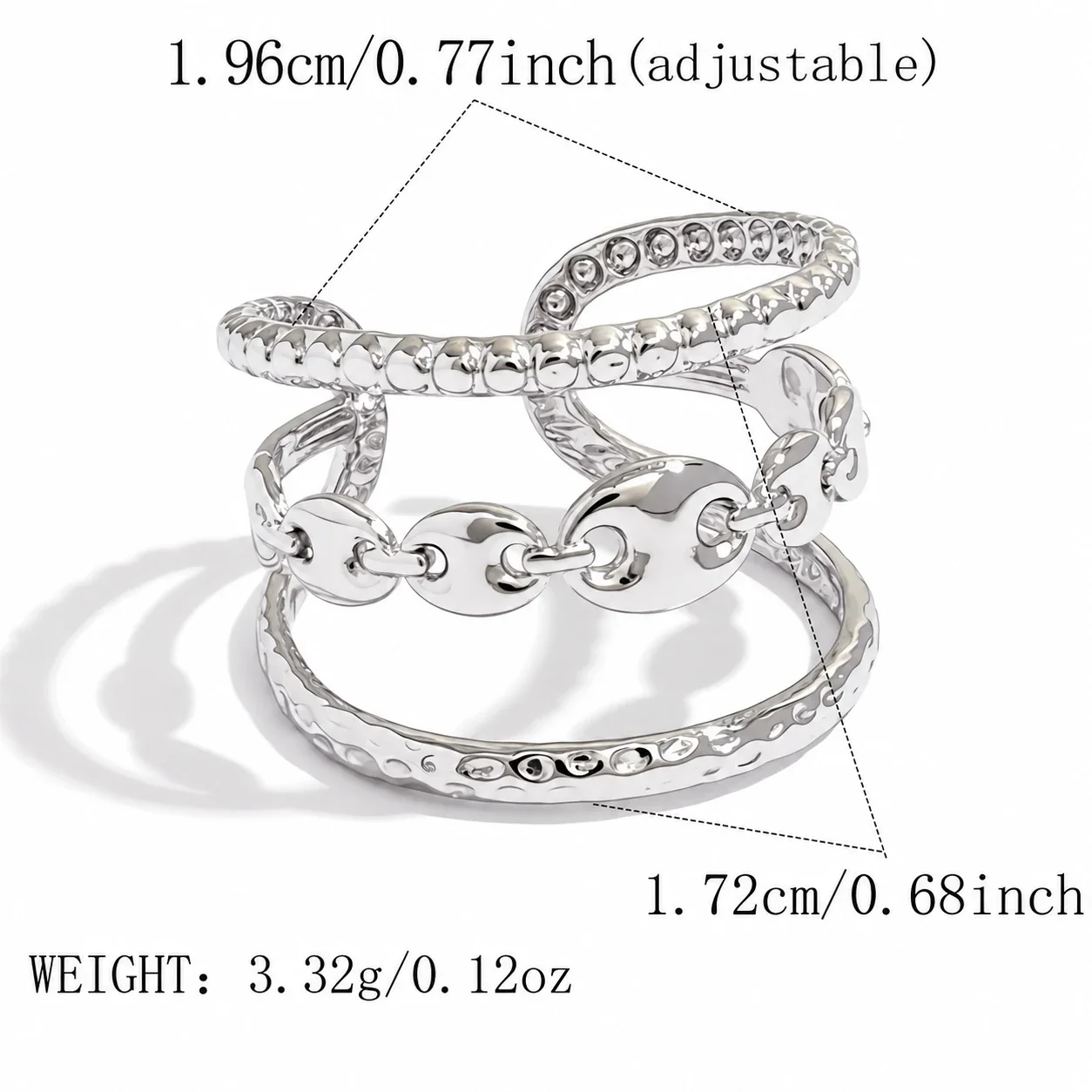 Open ring met drie banden en schakels van roestvrij staal met goudkleurige PVD productfoto