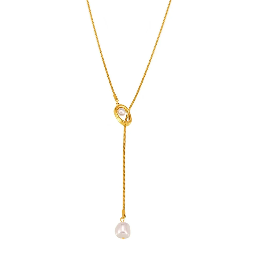 Artful Stainless Steel Box-Chain Pearl-Effect Lariat Necklace