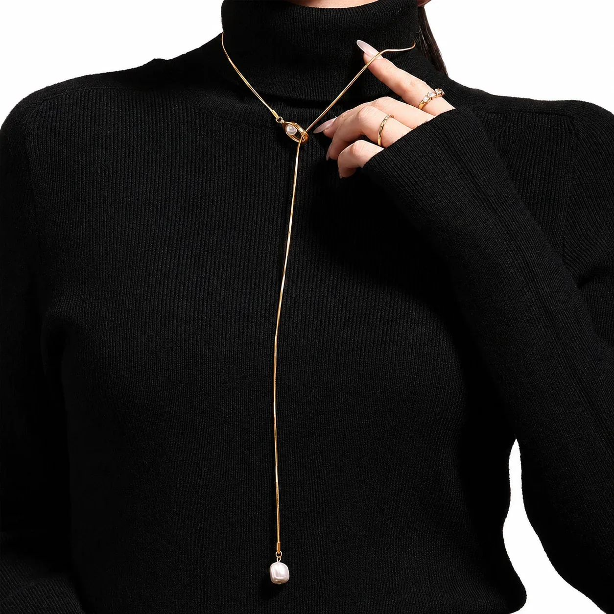 Artful Stainless Steel Box-Chain Pearl-Effect Lariat Necklace