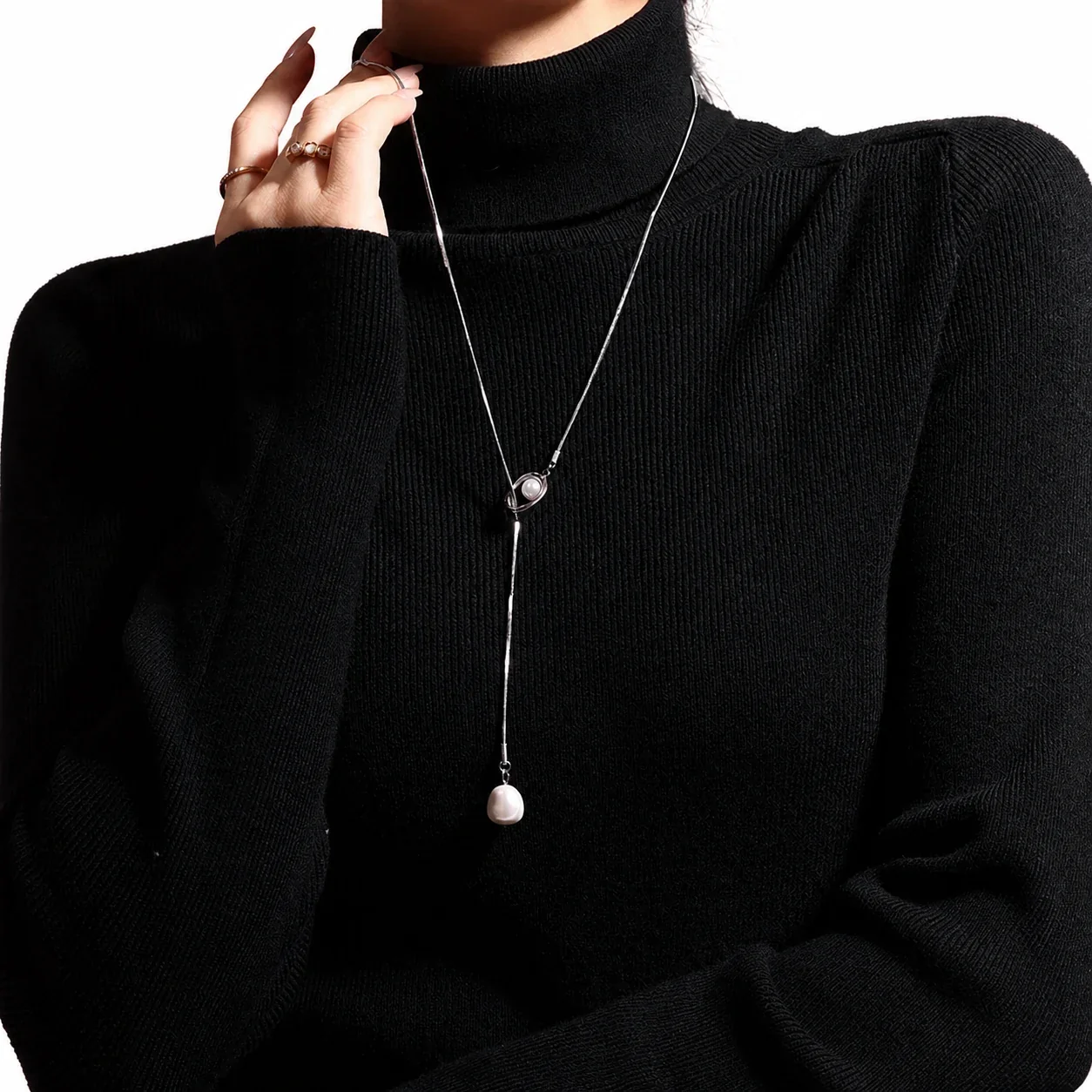 Artful Stainless Steel Box-Chain Pearl-Effect Lariat Necklace