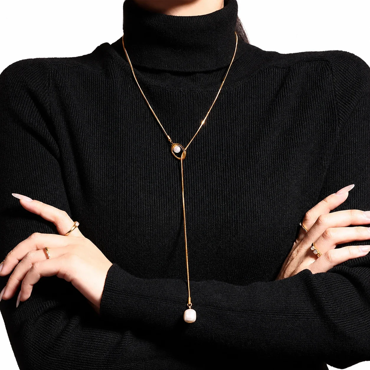 Artful Stainless Steel Box-Chain Pearl-Effect Lariat Necklace