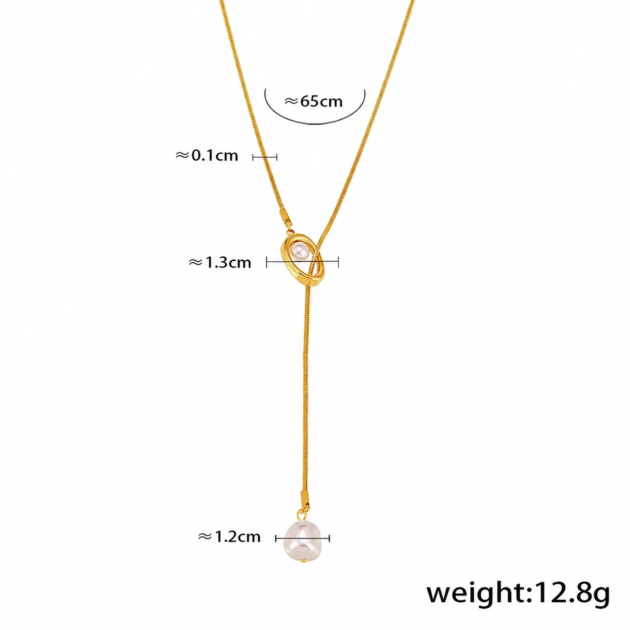 Artful Stainless Steel Box-Chain Pearl-Effect Lariat Necklace - Gold Pearl-Effect