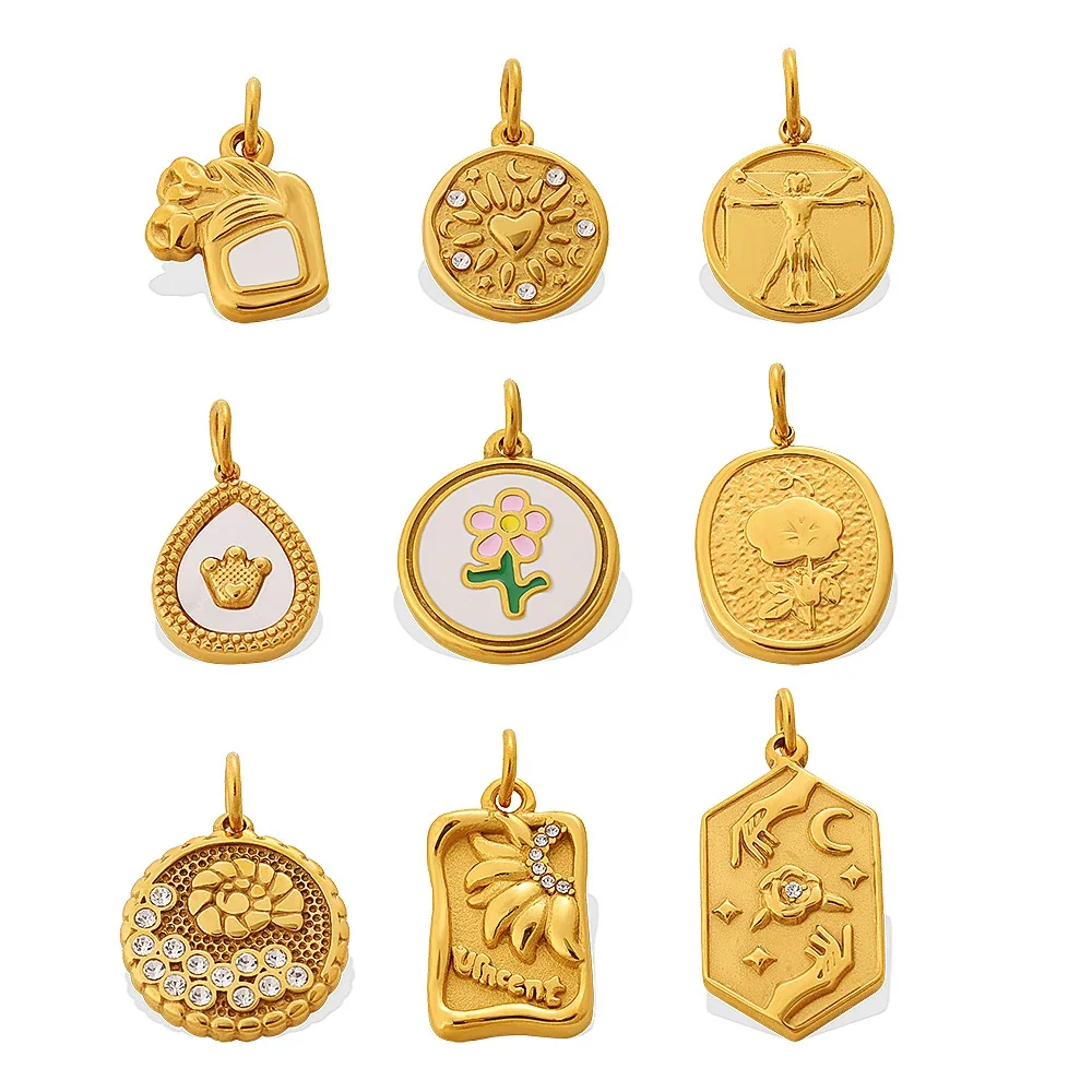 Pendant Charms with Sculpted Motifs, Gold-Plated Stainless Steel