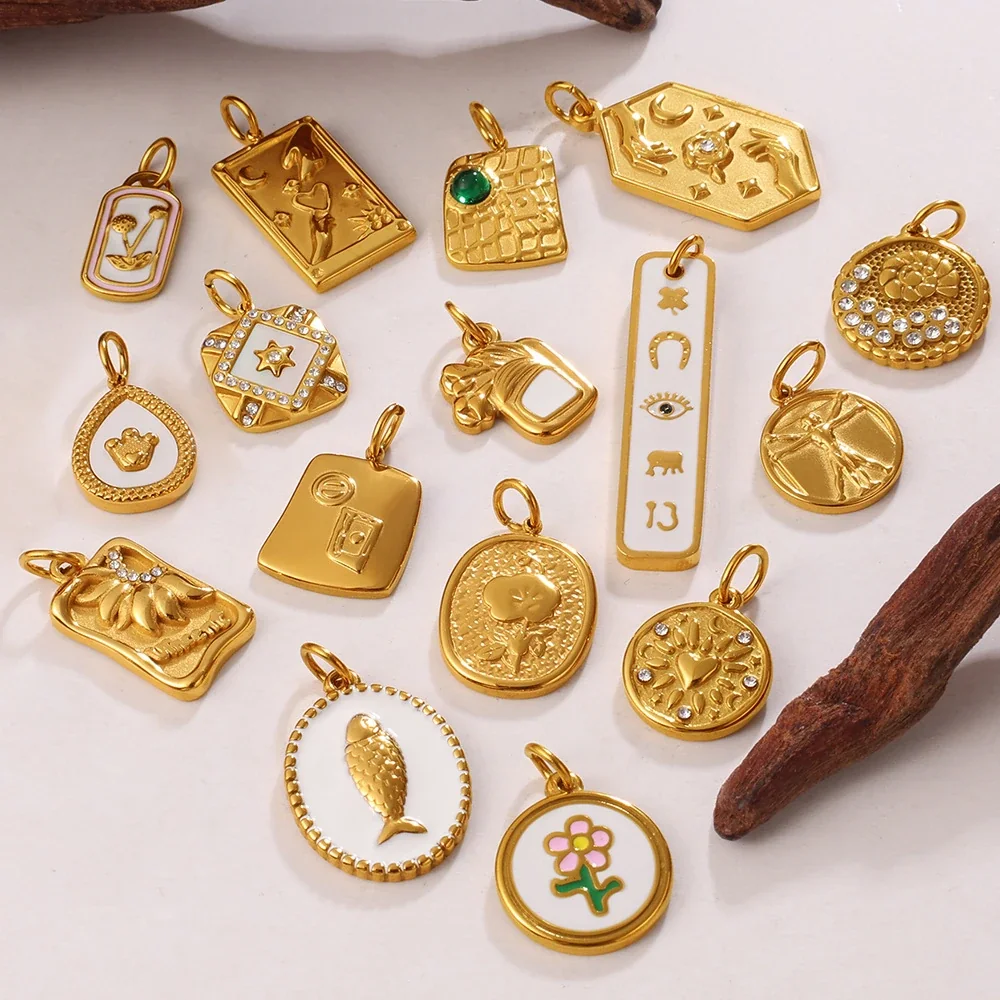 Pendant Charms with Sculpted Motifs, Gold-Plated Stainless Steel