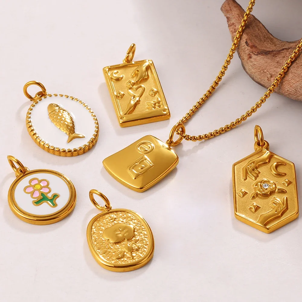 Pendant Charms with Sculpted Motifs, Gold-Plated Stainless Steel