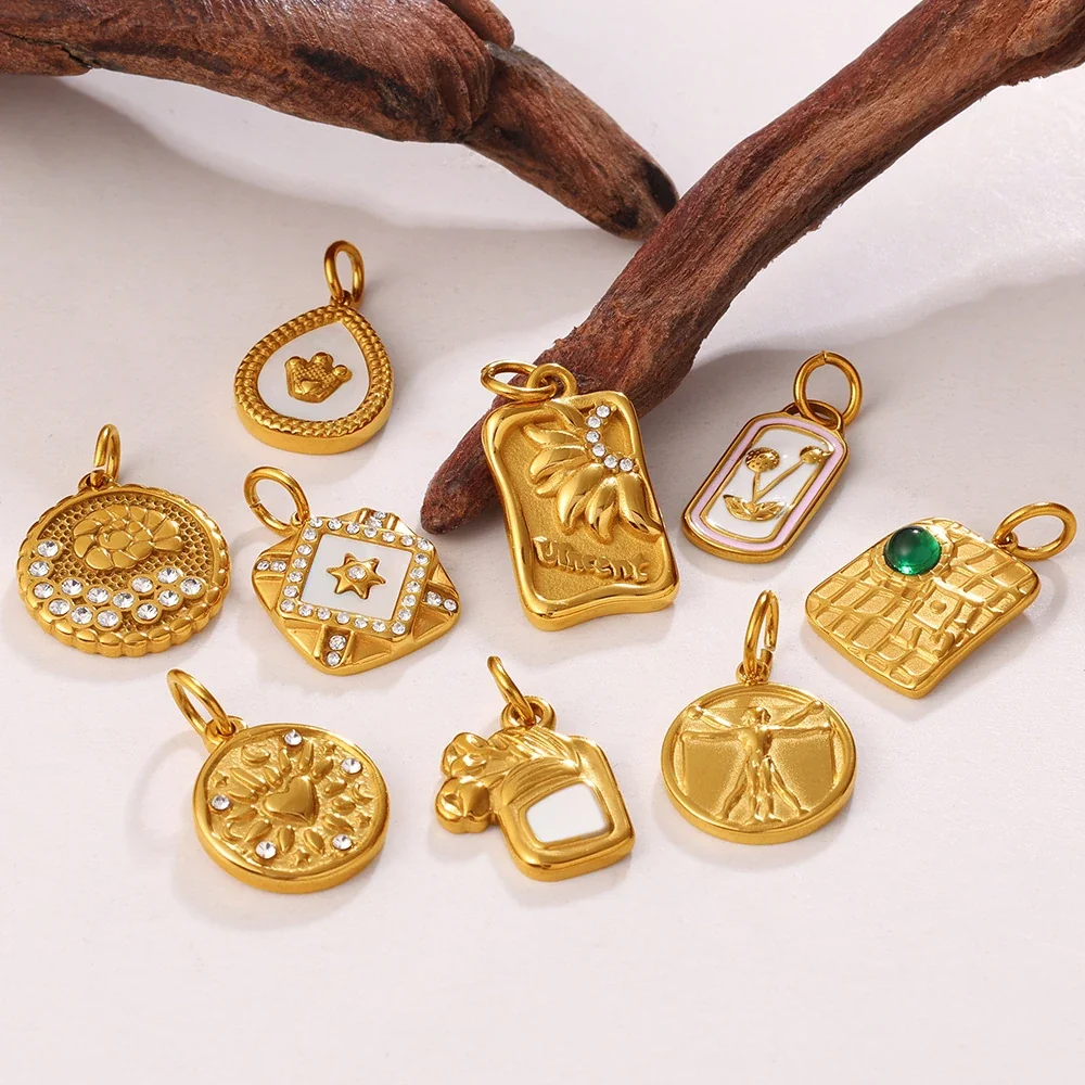 Pendant Charms with Sculpted Motifs, Gold-Plated Stainless Steel